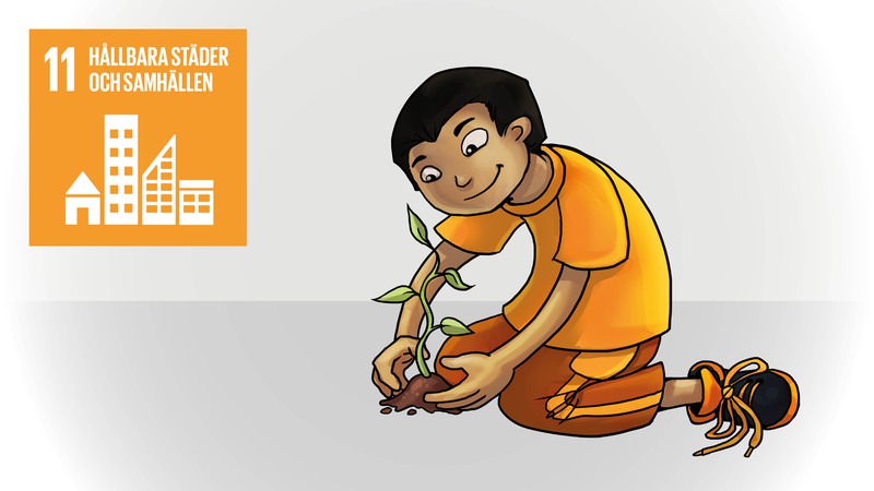 Ett barn planterar en grön kvist i en hög med jord. Illustration