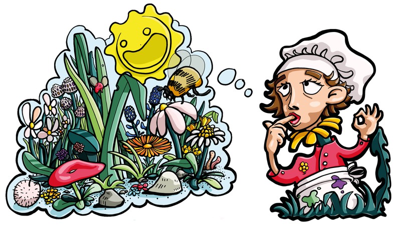 En person med kockmössa tänker på blommor och solen. Illustration