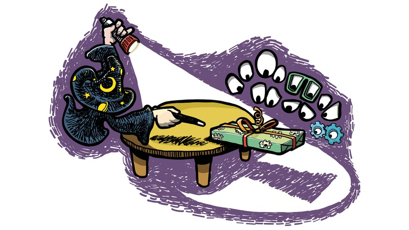 En trollkarl riktar en trollstav och en ficklampa mot ett paket som balanserar på en bordskant. Runt om finns nyfikna ögon. Illustration