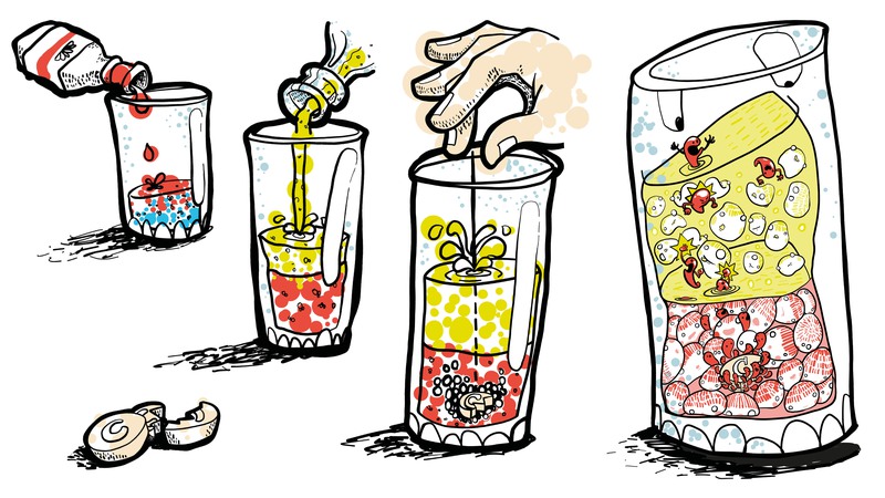 Glas med olika vätskor i. Illustration