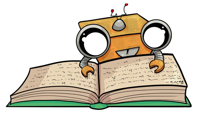 En liten robot läser i en stor bok. Illustration