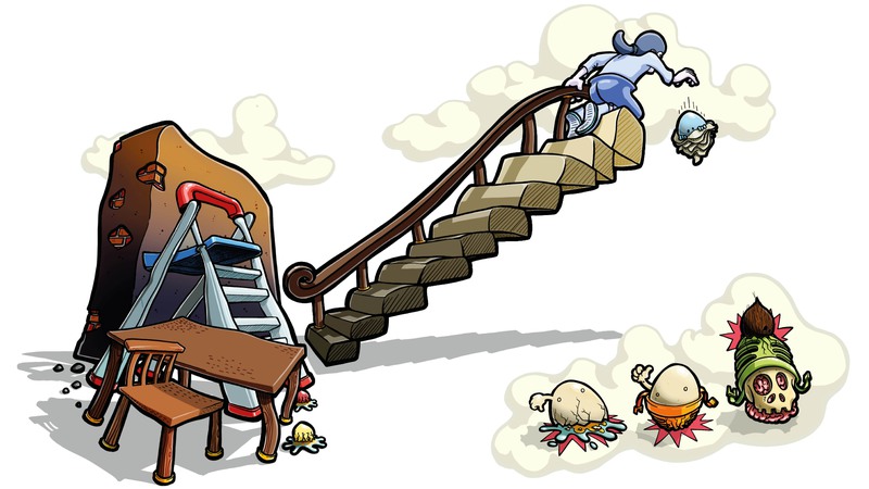 En person släpper ett ägg från en trappa. Framför trappen ligger ytterligare tre ägg: ett, trasigt, ett lite sprucket och ett helt. Illustration 