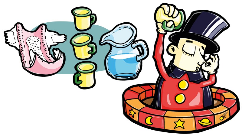 Blöja, tre koppar, en kanna vatten och en trollkarsklädd person som håller en upp-och-ned-vänd kopp över huvudet. Illustration